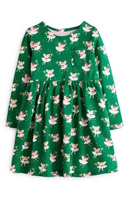Mini Boden Kids' Fun Bunny Print Long Sleeve Cotton Jersey Dress in Shady Glade Green Fairies