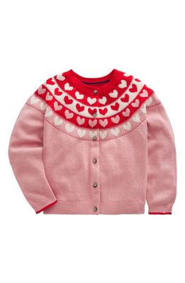 Mini Boden Kids' Fun Heart Jacquard Fair Isle Cotton & Wool Blend Cardigan in Almond Pink Hearts