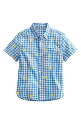 Mini Boden Kids' Gingham Embroidered Short Sleeve Cotton Button-Down Shirt in Blue Check Lemon Print