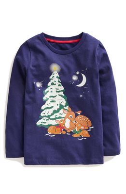Mini Boden Kids' Glow in the Dark Holiday Long Sleeve Cotton Graphic T-Shirt in French Navy Deer