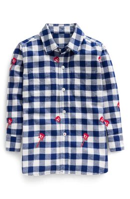 Mini Boden Kids' Guitar Appliqué Check Flannel Button-Up Shirt in Gingham Guitar