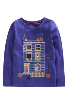 Mini Boden Kids' Halloween Embroidered Long Sleeve Cotton Graphic T-Shirt in Starboard Blue Haunted House
