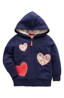 Mini Boden Kids' Heart Appliqué High Pile Fleece Lined Cotton Zip-Up Hoodie in French Navy Hearts