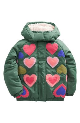 Mini Boden Kids' Heart Appliqué Puffer Coat in Monster Green Hearts
