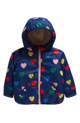 Mini Boden Kids' Heart Print Parka with High Pile Fleece Lining in Navy Hearts