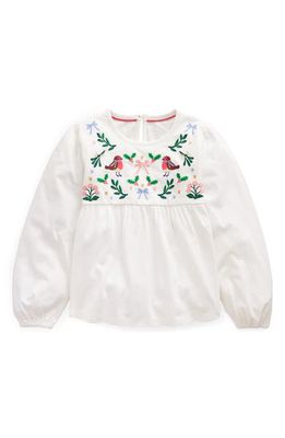 Mini Boden Kids' Holiday Embroidered Cotton Peasant Top in Ivory Festive