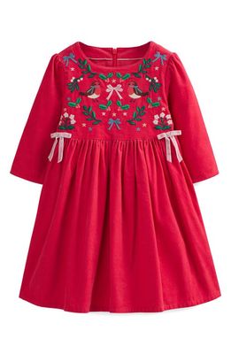 Mini Boden Kids' Holiday Embroidered Long Sleeve Cotton Corduroy Dress in Pop Peony Festive