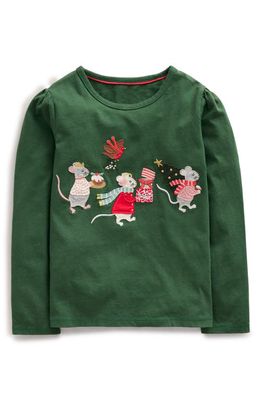 Mini Boden Kids' Holiday Mice Appliqué Long Sleeve Cotton T-Shirt in Amazon Green Festive Mice