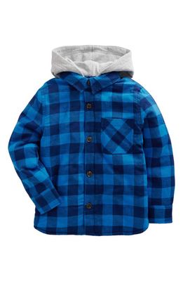 Mini Boden Kids' Hooded Check Fleece Lined Flannel Button-Up Shirt in Navy /Blue Gingham