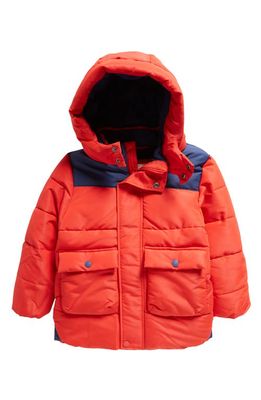 Mini Boden Kids' Hooded Technical Puffer Jacket in Rockabilly Red