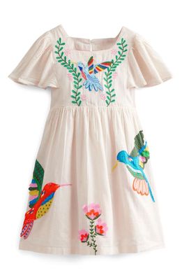 Mini Boden Kids' Hummingbird Appliqué Flutter Sleeve Dress in Vanilla Pod