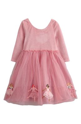 Mini Boden Kids' Long Sleeve Appliqué Velvet Party Dress in Almond Pink Ballerinas
