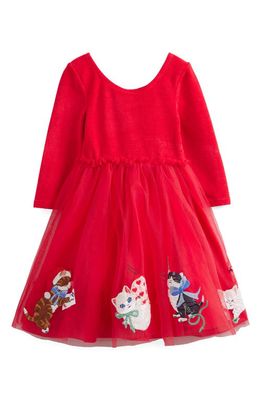 Mini Boden Kids' Long Sleeve Appliqué Velvet Party Dress in Rouge Red Cats
