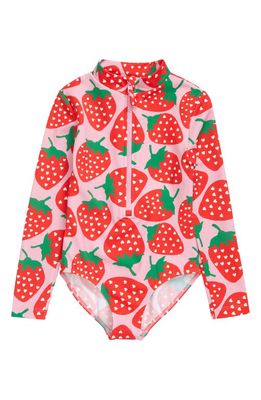 Mini Boden Kids' Long Sleeve One-Piece Rashguard Swimsuit in Tickled Pink Strawberries
