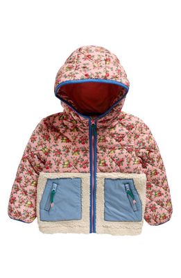 Mini Boden Kids' Orchard Print High Pile Fleece Hooded Jacket in Almond Pink Apple Orchard