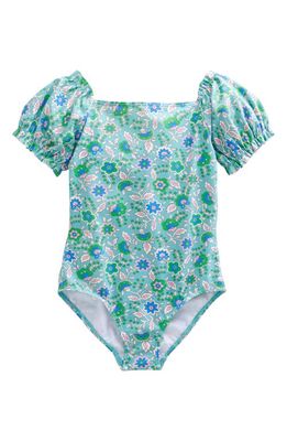 Mini Boden Kids' Paisley Puff Sleeve One-Piece Swimsuit in Aqua Blue