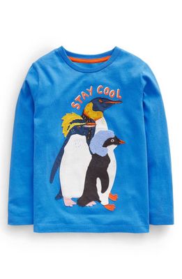 Mini Boden Kids' Penguin Appliqué Cotton T-Shirt in Cabana Blue