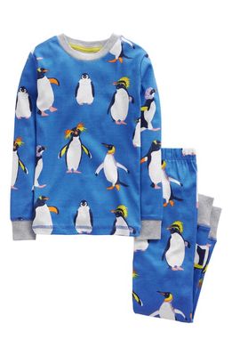 Mini Boden Kids' Penguin Fitted Two-Piece Cotton Pajamas in Blue Penguins