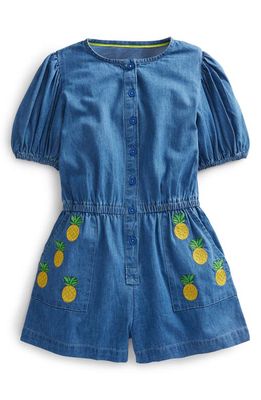 Mini Boden Kids' Pineapple Embroidered Cotton Denim Romper in Mid Vintage Denim