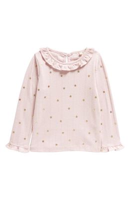 Mini Boden Kids' Pointelle Gold Star Ruffle Neck Top in French Pink Gold Star