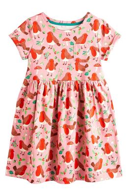 Mini Boden Kids' Print Cotton Jersey Dress in Formica Pink Festive Robins