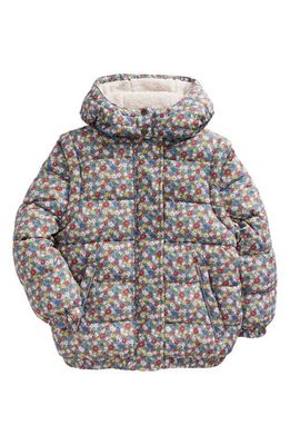 Mini Boden Kids' Print Puffer Jacket with High Pile Fleece Lining in Pebble Blue Flower Bud