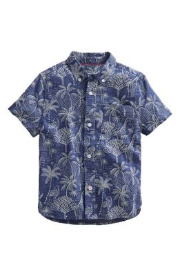 Mini Boden Kids' Print Short Sleeve Linen & Cotton Button-Down Shirt in Blue Island Palm
