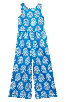 Mini Boden Kids' Print Sleeveless Cotton Romper in Bright Marina Blue Woodblock