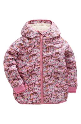 Mini Boden Kids' Printed Puffer Jacket with High Pile Fleece Lining in Pink Horses
