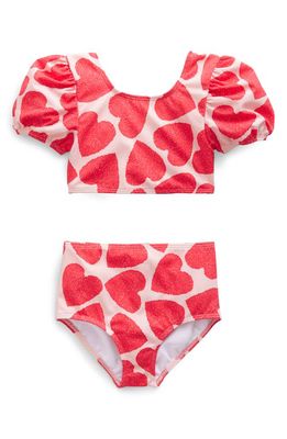 Mini Boden Kids' Puff Sleeve Two-Piece Swimsuit in Peach Skin Hearts