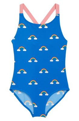 Mini Boden Kids' Rainbow Cross Back One-Piece Swimsuit in Cabana Blue Rainbow Clouds