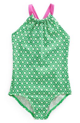 Mini Boden Kids' Ruched One-Piece Swimsuit in Ivory Green Daisy