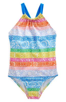 Mini Boden Kids' Ruched One-Piece Swimsuit in Ivory Multi Stripe