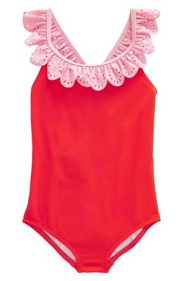 Mini Boden Kids' Ruffle Broderie Anglaise Trim One-Piece Swimsuit in Fire