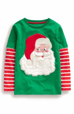 Mini Boden Kids' Santa Appliqué Layered Cotton T-Shirt in Deep Green Santa