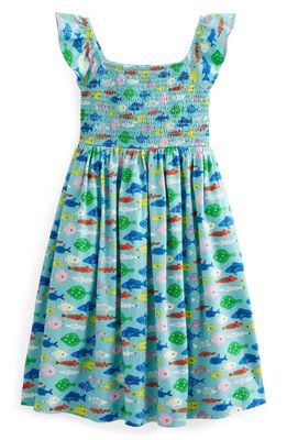 Mini Boden Kids' Shirred Cotton Jersey Dress in Aqua Sea Blue Fish