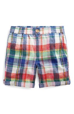 Mini Boden Kids' Smart Roll-Up Linen & Cotton Shorts in Fire Opal/Green Madras