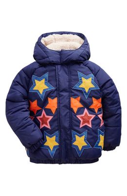Mini Boden Kids' Star Appliqué Water Resistant Puffer Coat with Detachable Hood in College Navy