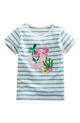 Mini Boden Kids' Stripe Appliqué Cotton Graphic T-Shirt in Aqua Sea/Ivory