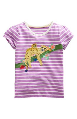 Mini Boden Kids' Stripe Appliqué Leopard Cotton Graphic T-Shirt in Lupin Purple/Ivory Leopards