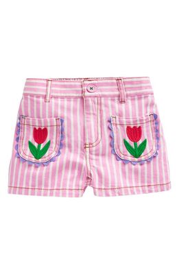 Mini Boden Kids' Stripe Embroidered Cotton Shorts in Pink /Ivory Stripe Tulip