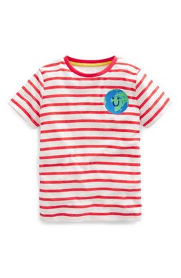 Mini Boden Kids' Stripe French Terry Embroidered T-Shirt in Ivory/Red