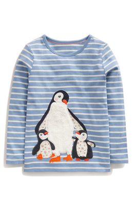 Mini Boden Kids' Stripe Penguin Emellished Long Sleeve Cotton Graphic T-Shirt in Pebble Blue/Ivory Penguin