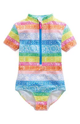 Mini Boden Kids' Stripe Short Sleeve One-piece Rashguard Swimsuit in Ivory Multi Stripe
