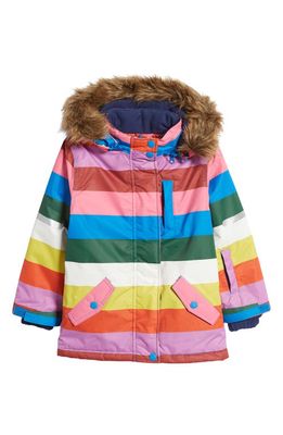 Mini Boden Kids' Stripe Waterproof Hooded Jacket with Faux Fur Trim in Stripes
