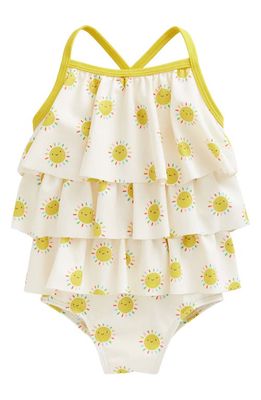 Mini Boden Kids' Tiered Frill One-Piece Swimsuit in Multi Rainbow Suns