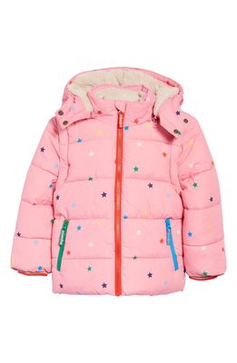 Mini Boden Kids' Two-in-One Star Print Fleece Lined Hooded Puffer Jacket in Bright Petal Pink Multi Star