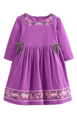 Mini Boden Kids' Unicorn Embroidered Long Sleeve Cotton Corduroy Dress in Wisteria Purple Floral
