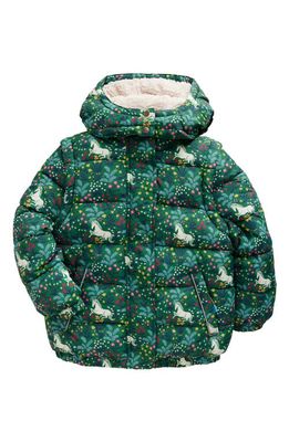 Mini Boden Kids' Unicorn Print 2-in-1 Convertible Hooded Puffer Coat in Deep Green Unicorn Meadow
