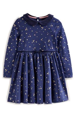 Mini Boden Peter Pan Collar Shimmery Stars & Moons Twirly Dress in College Navy Gold Foil Star